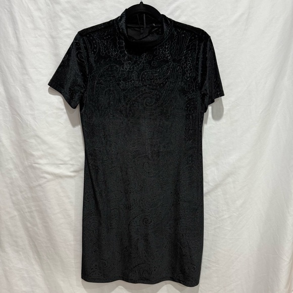 Source Unknown Dresses & Skirts - Black Velvet Burnout L/XL Paisley Mini Dress Mock Neck Short Sleeve Bodycon Y2K